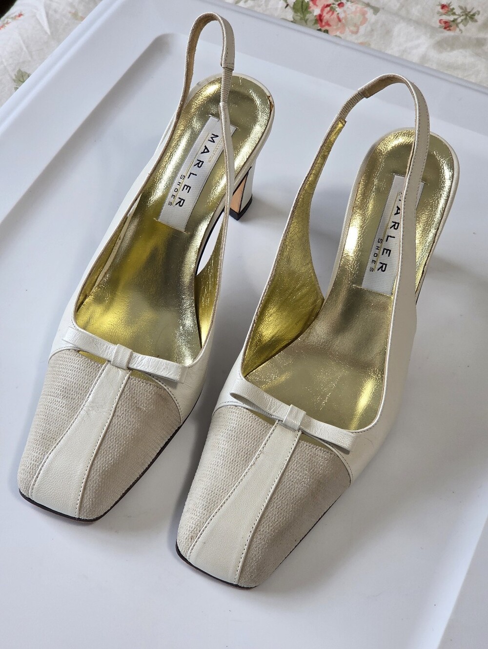 Vintage Pearly White+Gold ✨ Leather Square Toe Bow Slingback Heels Sz 8.5 80s